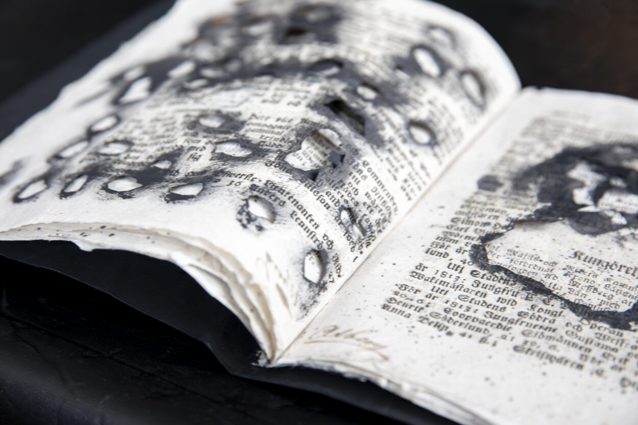 Uppslagen bok med vad som ser ut som brända hål.