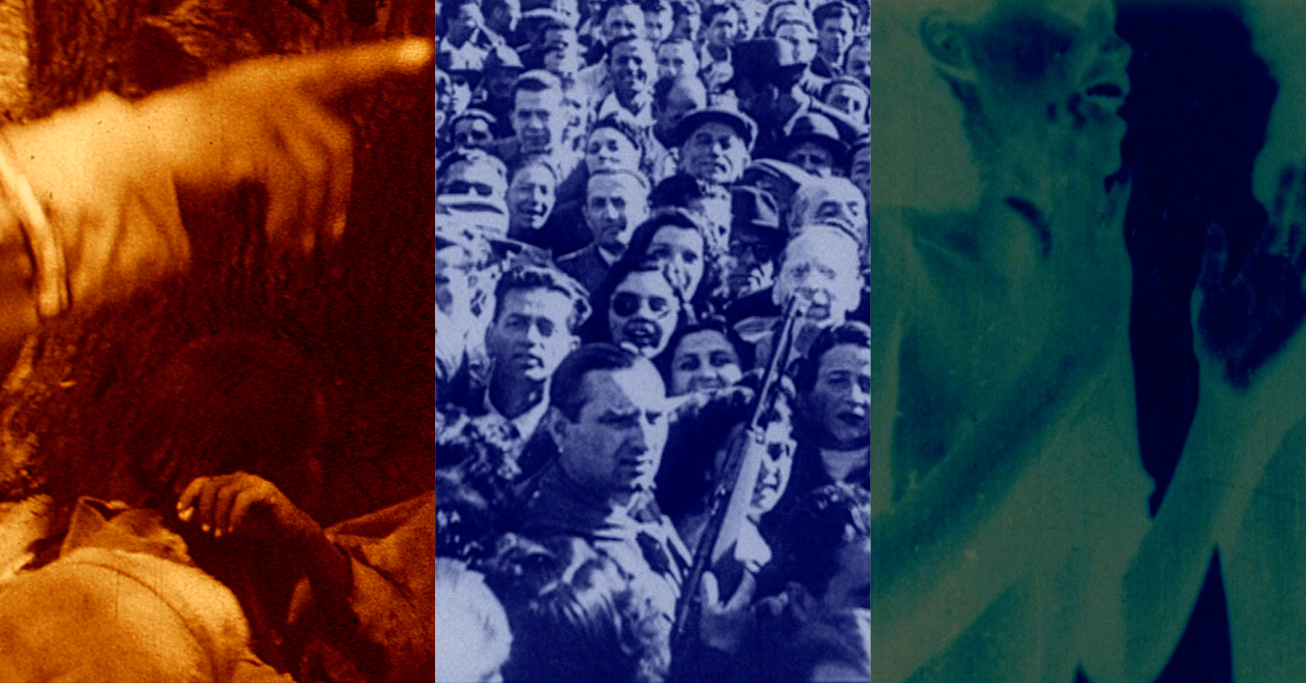 Ett bildmontage av tre filmstillbilder. En pekande hand, en folkmassa. En inverterad bild på dansande kvinna.